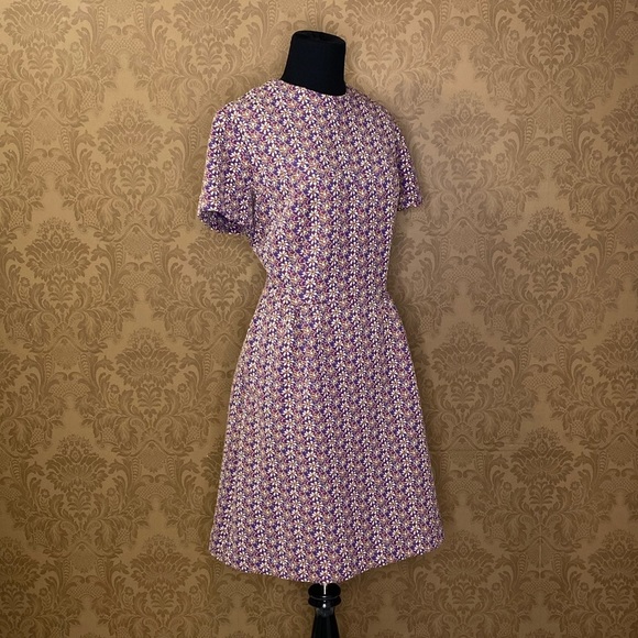 Vintage 60s 70s Flower Power Fall Floral Polyester Mad Men Mod Dress - Picture 2 of 9